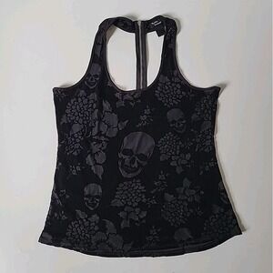 Vintage Teenage Runaway Tank Top Black Botanical Skulls Velvet Burnout Goth Punk